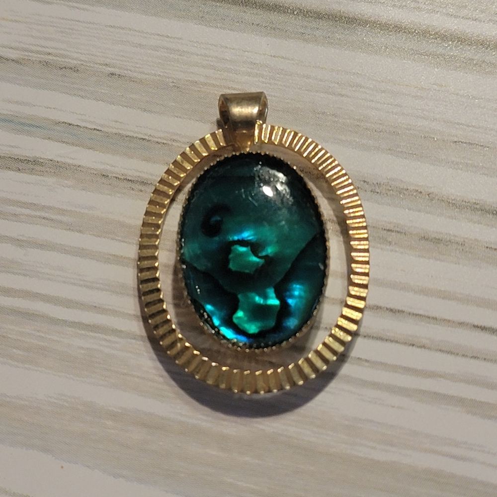 Abalone Shell Teal Peacock Gold Tone Oval Statement Pendant Artisan